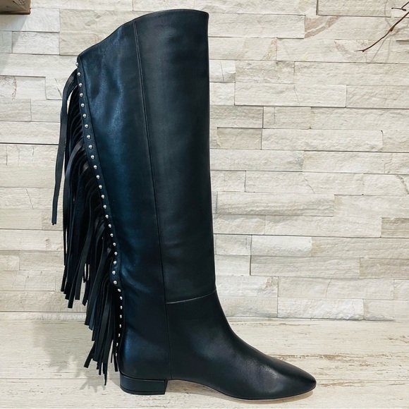 Saint Laurent Dana Black Leather Fringe Studded Knee High Boots Size 35 $1890 - Picture 10 of 15